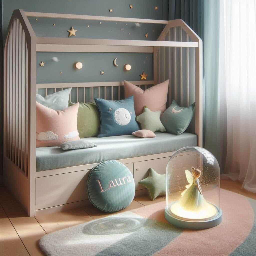 Une chambre denfant avec un lit cabane des coussins en forme de lune et detoiles, bleu pale et rose poudré, prénom Laura