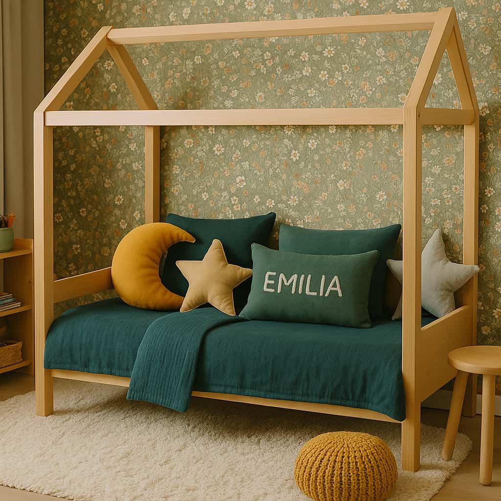 Une chambre denfant avec un lit cabane des coussins en forme de lune et detoiles un tapis moelleux avec des teintes douces comme le vert fonce le bleu et le moutarde et le prenom e