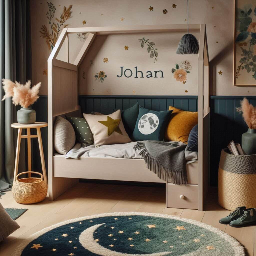 Prénom Johan chambre enfant décorée avec coussins lune étoiles