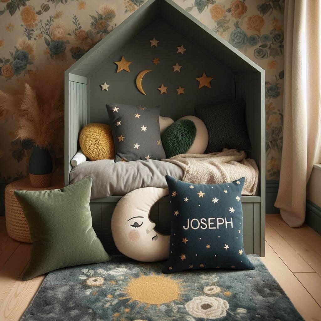 Une chambre denfant avec un lit cabane des coussins en forme de lune et detoiles un tapis moelleux avec des teintes douces comme le vert fonce le bleu et le moutarde et le prenom j