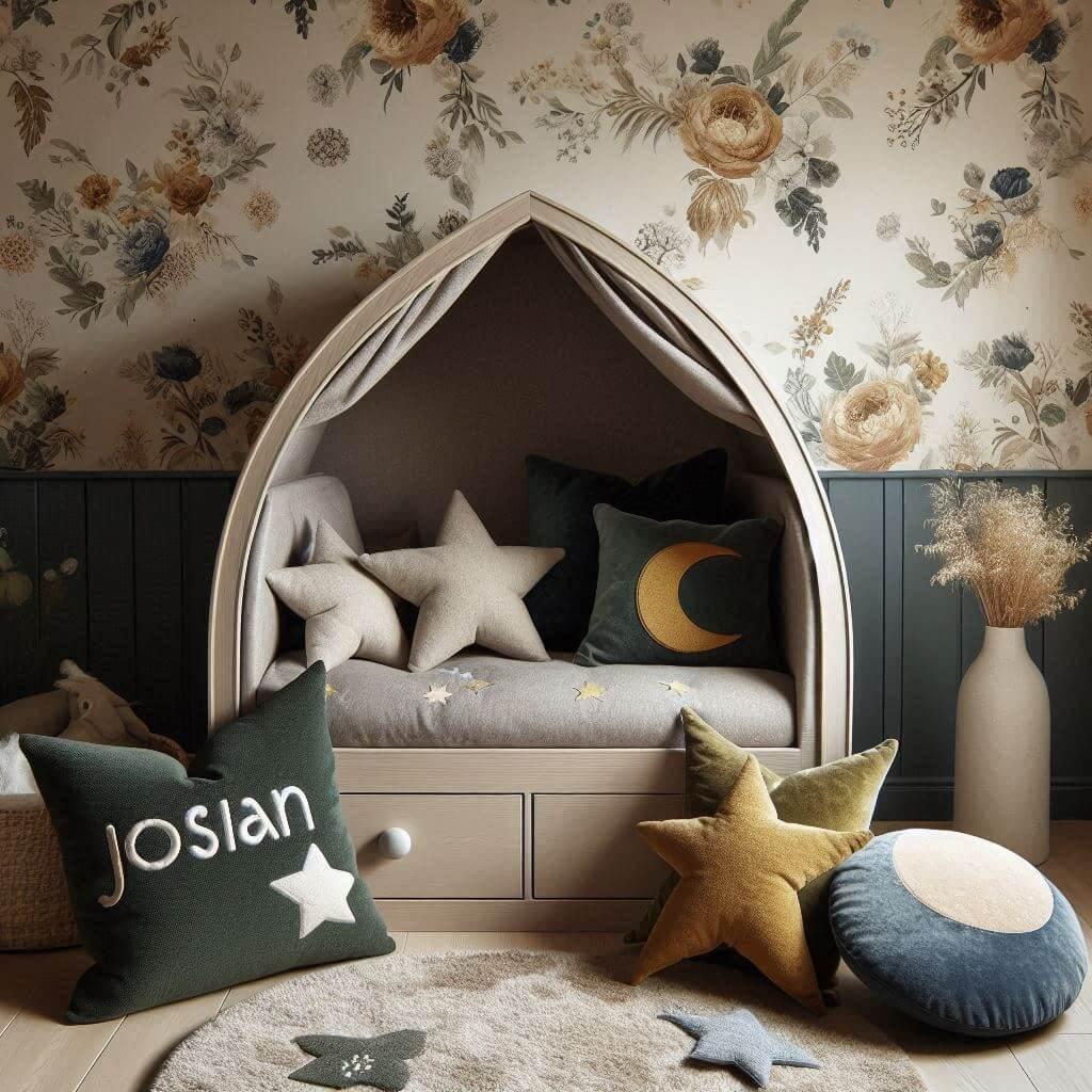 Une chambre denfant avec un lit caban, personnalisé avec le prénom josian