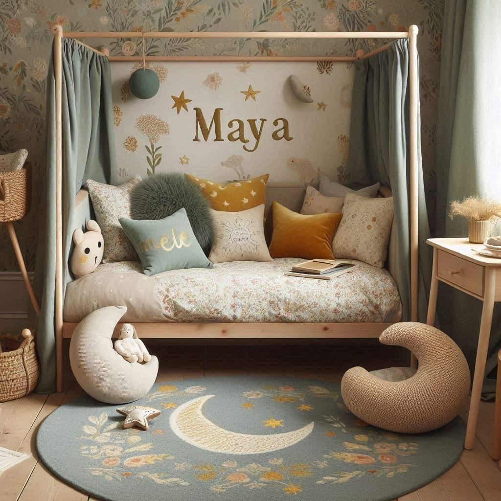 Une chambre denfant avec un lit cabane style cocooning avec des teintes douces comme le vert deau le bleu pale et le moutarde et le prenom maya