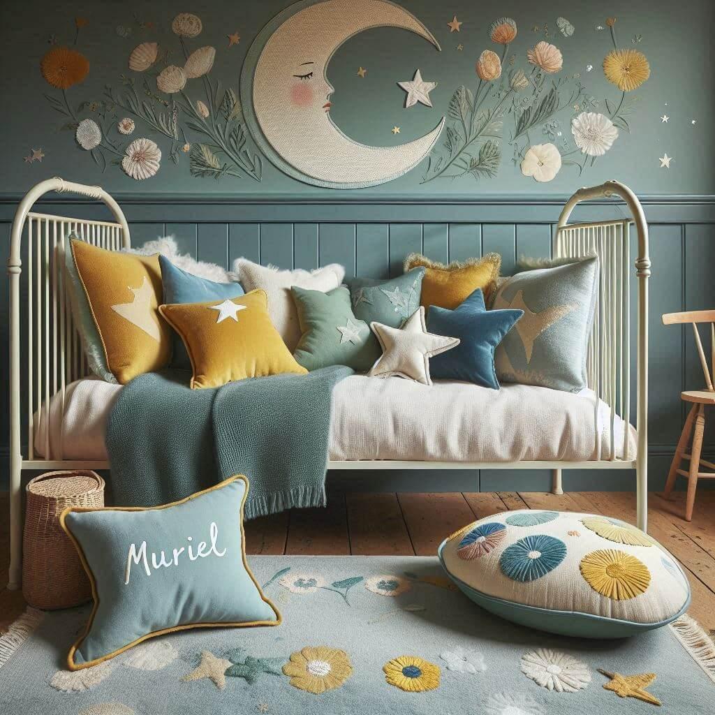 Une chambre denfant avec un lit original des coussins en forme de lune et d etoiles un tapis moelleux avec des teintes douces comme le vert d eau le bleu pale et le moutarde et le