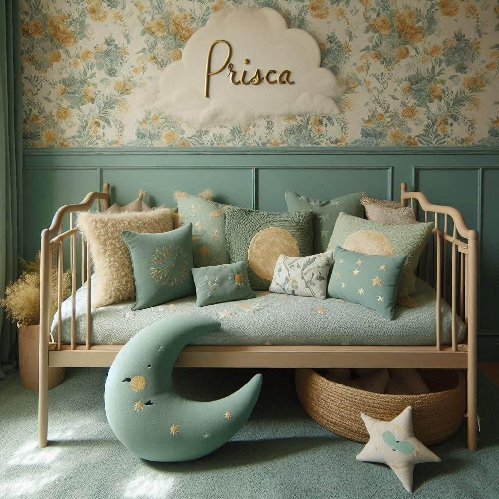 Une chambre denfant avec un lit original des coussins en forme de lune et d etoiles un tapis moelleux avec des teintes douces comme le vert d eau le bleu pale et le moutarde et le