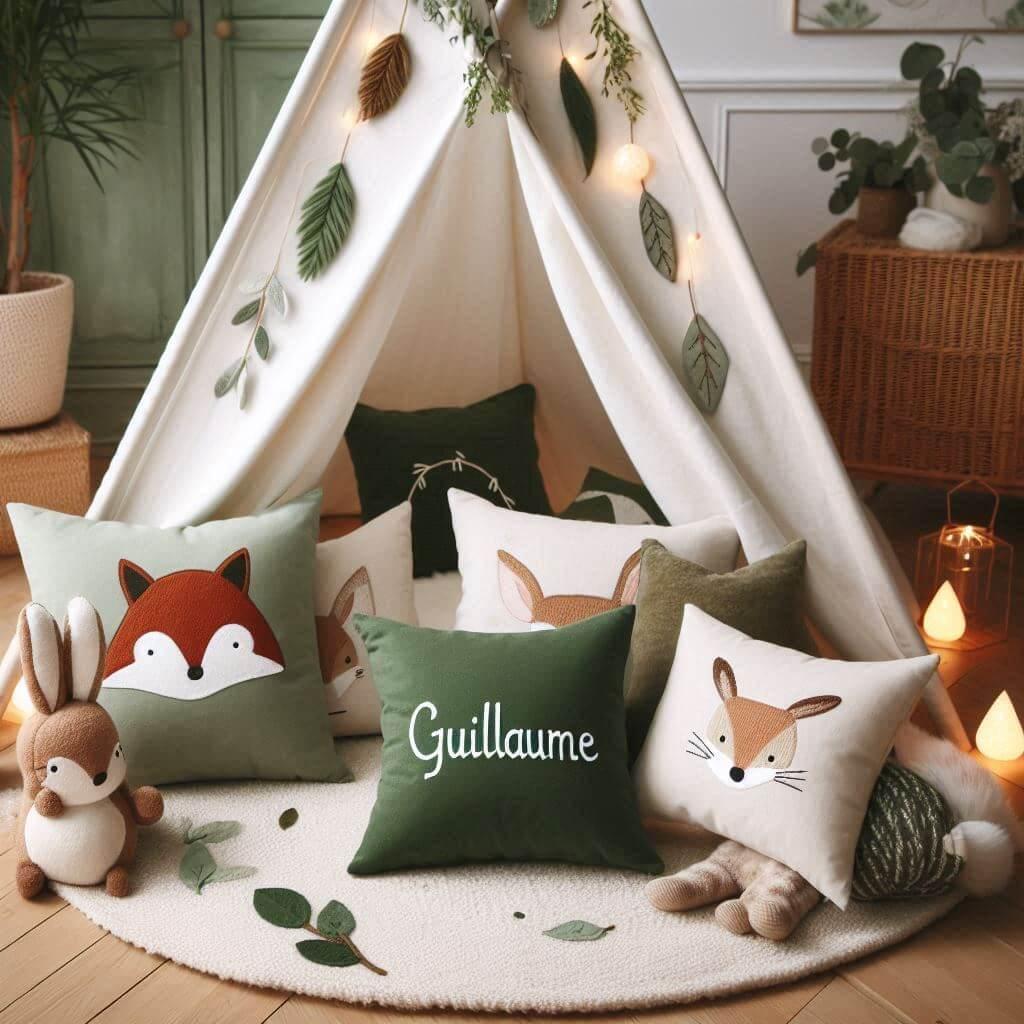 Une chambre douce et naturel inspire par la foret avec un tipi des coussins en forme de petits animaux de la foret comme des renards et des lapins des couleurs de vert et marron un