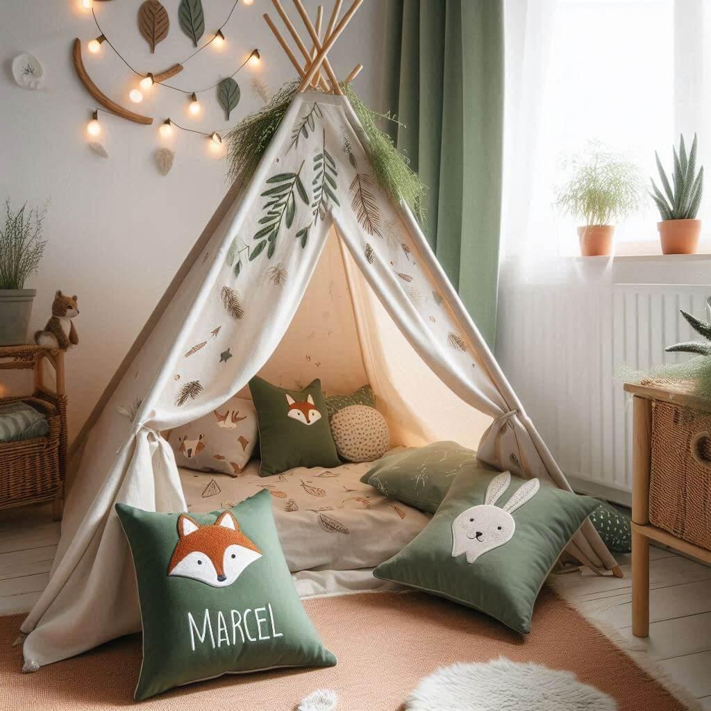 chambre tendance 2025 pour enfant, theme animaux de la foret, couleurs douces et naturelles, prenom marcel