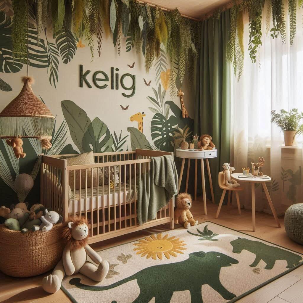 Une chambre pour enfant sur le theme du livre de la jungle avec des tons verts bruns et jaunes un berceau voilage avec des feuilles tapis doux orne de motifs de feuillage et des pe