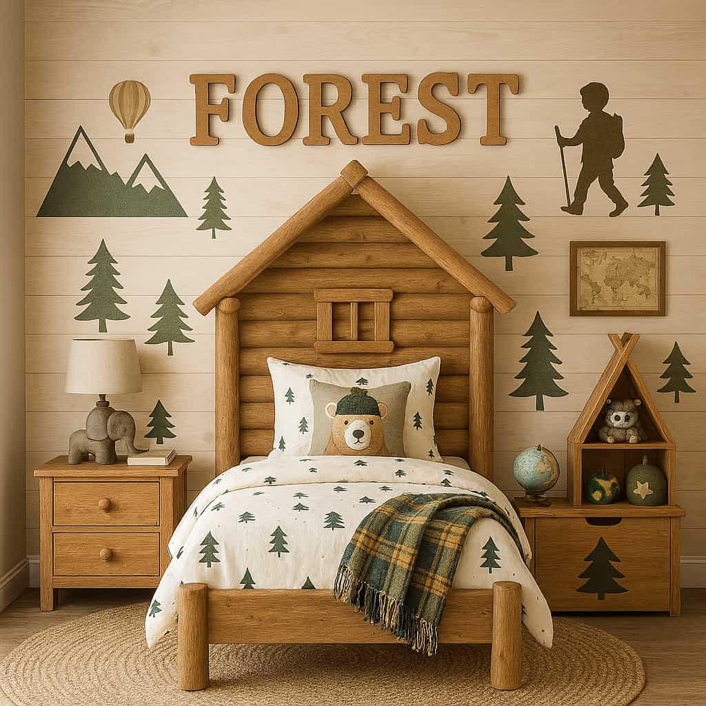 Une chambre pour petit garcon sur le theme du bois de l aventure personnalisee au nom de forest 1