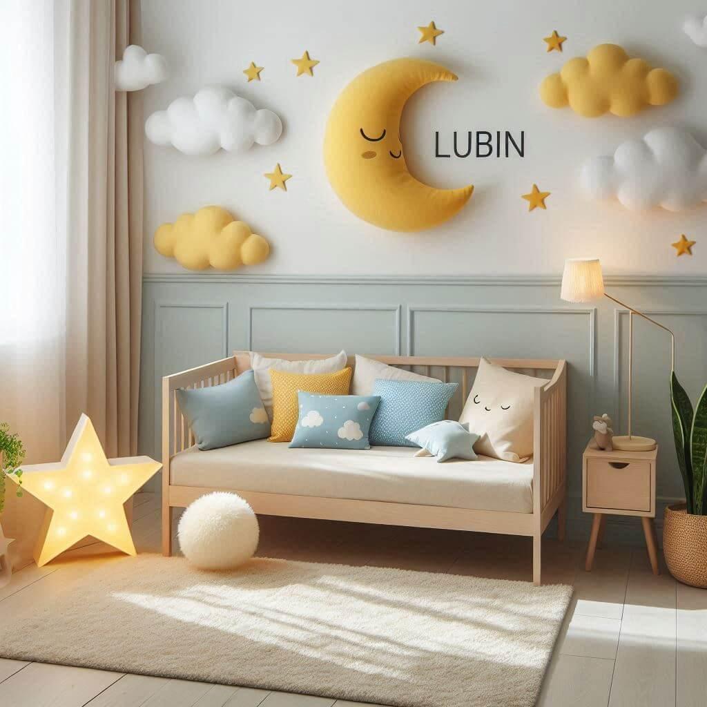 Chambre d'enfant avec des murs blancs et bleus, tapis nuages, lit bois clair et lampe étoile, décorée pour le prénom Lubin.
