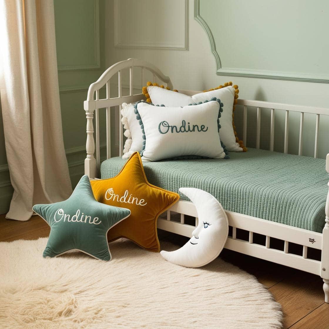 Une chambre vintage de petite fille qui se nomme ondine avec un lit montessori un tapis doux coussins en forme d etoiles coussins en forme de lune ondine est brode sur un coussin c