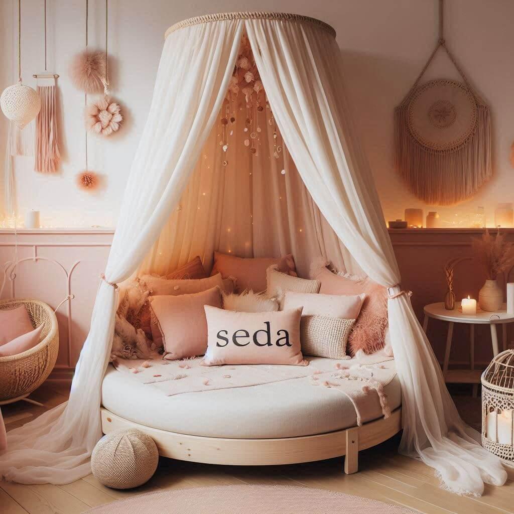 Une decoration de chambre denfant avec le prenom seda inspiree par lexotisme et la douceur avec des tons chauds tels que le rose poudre le corail et le blanc casse et un lit rond a