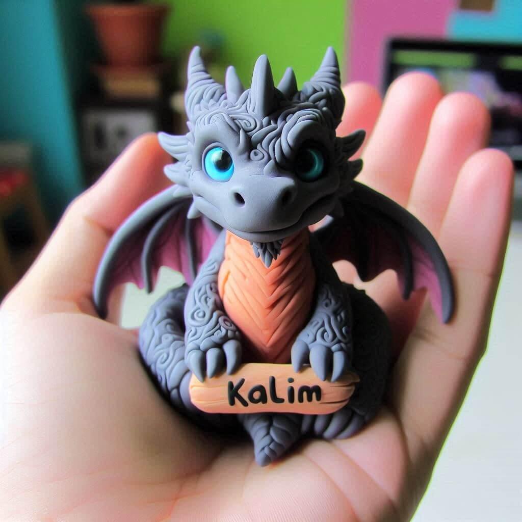 Une figurine dragon en fimo avec le prenom kalim