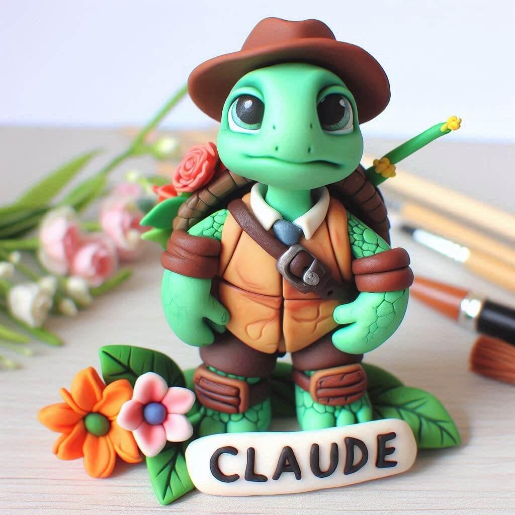 Une figurine en fimo d un personnage de tortue personnalise avec le prenom claude 1