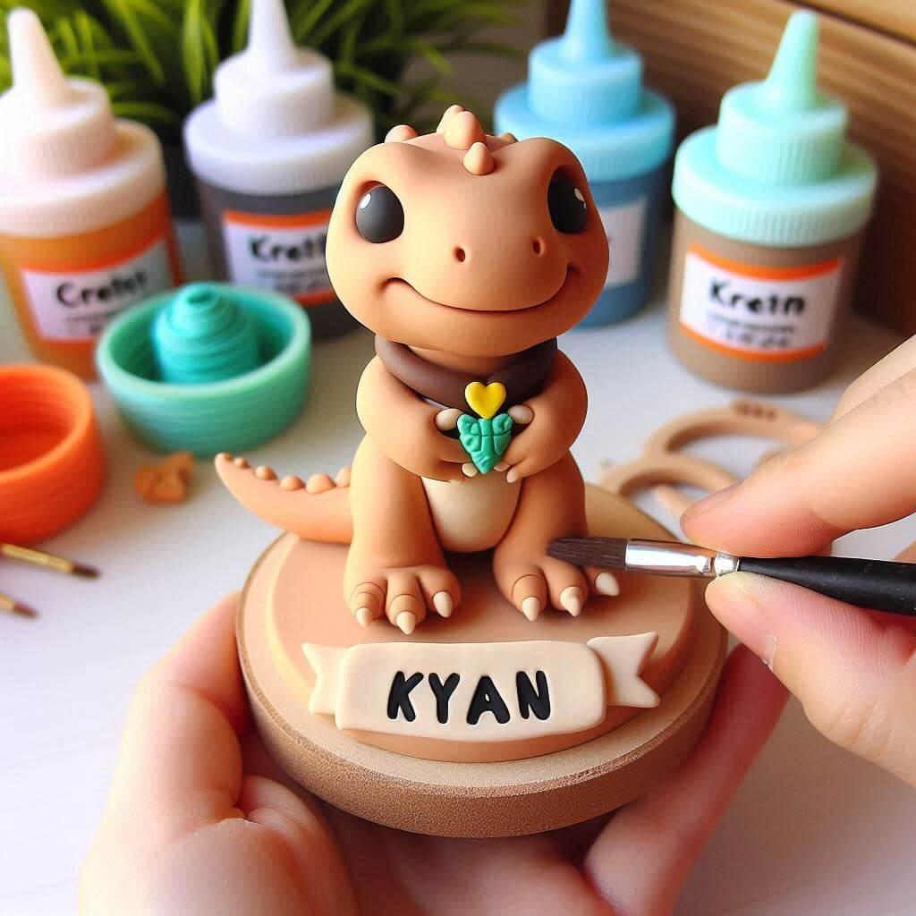 Une figurine en fimo d un petit dinosaure personnalise avec le prenom kyan
