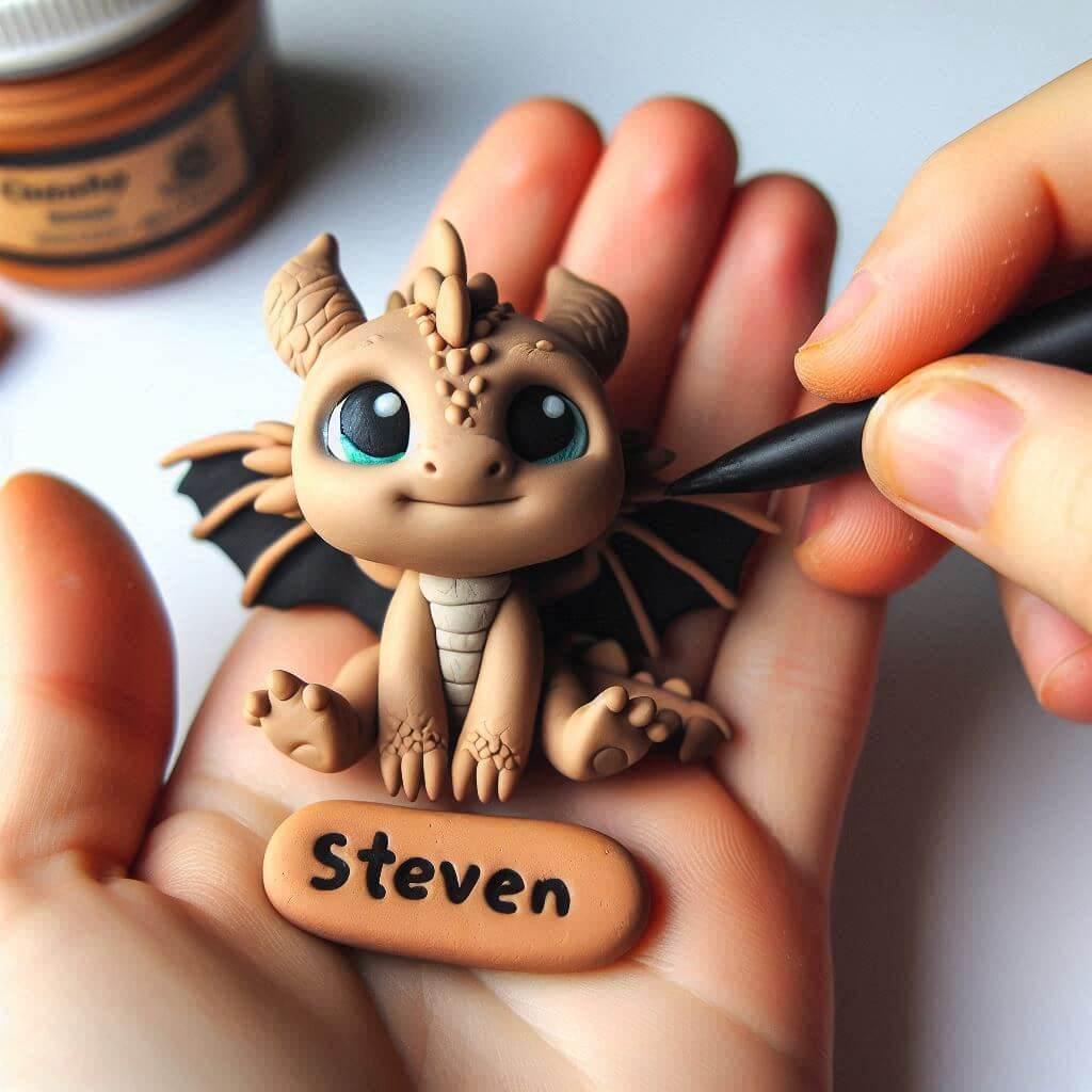 Une figurine en fimo d un petit dragon personnalise avec le prenom steven