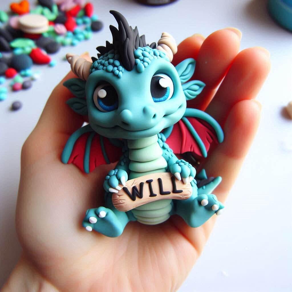 Une figurine en fimo d un petit dragon personnalise avec le prenom will
