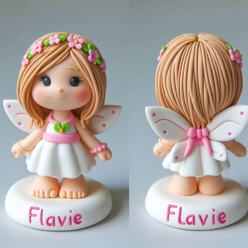 Une figurine en fimo d une petite fille fee personnalisee avec le prenom flavie vue de devant et de derriere 1
