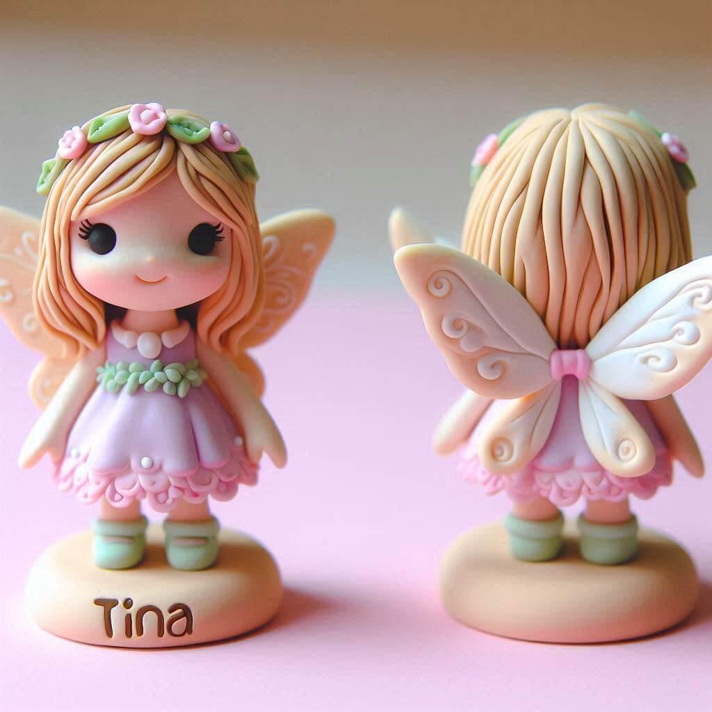 Une figurine en fimo d une petite fille fee personnalisee avec le prenom tina vue de devant et de derriere
