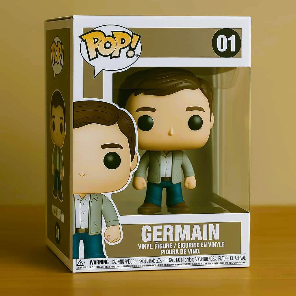 Une figurine pop garcon avec le prenom germain ecrit dessus dans sa boite