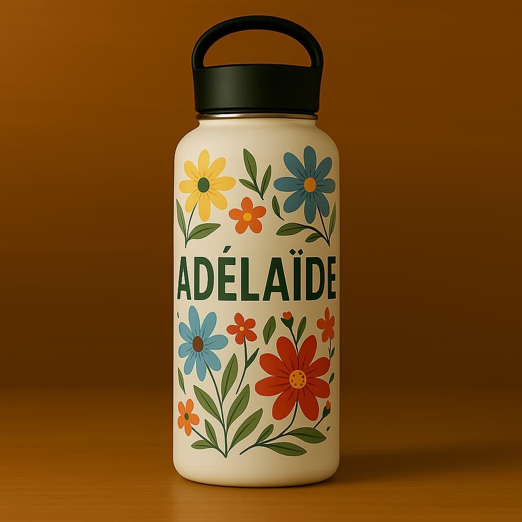 Une gourde avec le prenom adelaide theme fleuri