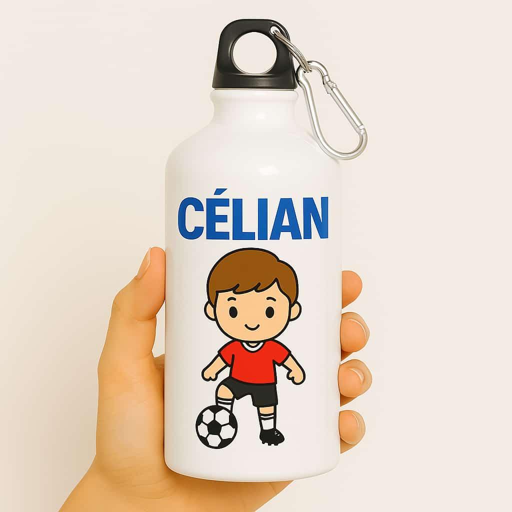 Une gourde avec le prenom celian theme foot format carre