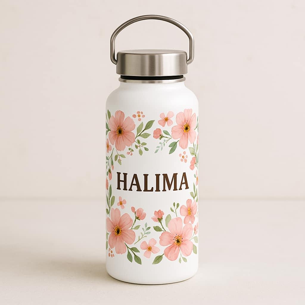 Une gourde avec le prenom halima theme fleuri format carre