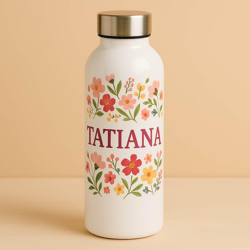 Une gourde avec le prenom tatiana theme fleuri