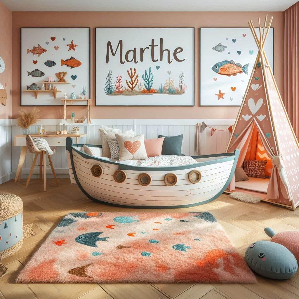 decoration de chambre enfant theme de la mer, personnalisée avec le prenom marthe