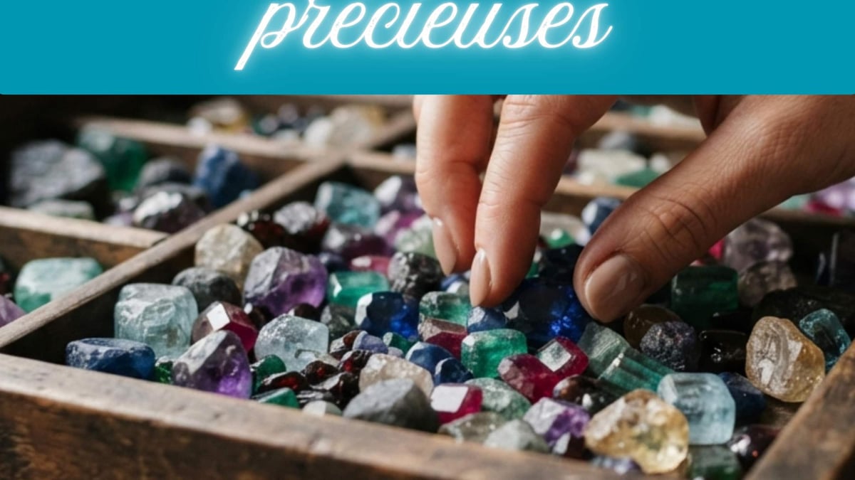 Une main selectionne des pierres precieuses brutes et taillees de diverses couleurs rubis emeraude saphir dans un presentoir en bois illustrant le debut d un article sur les prenom