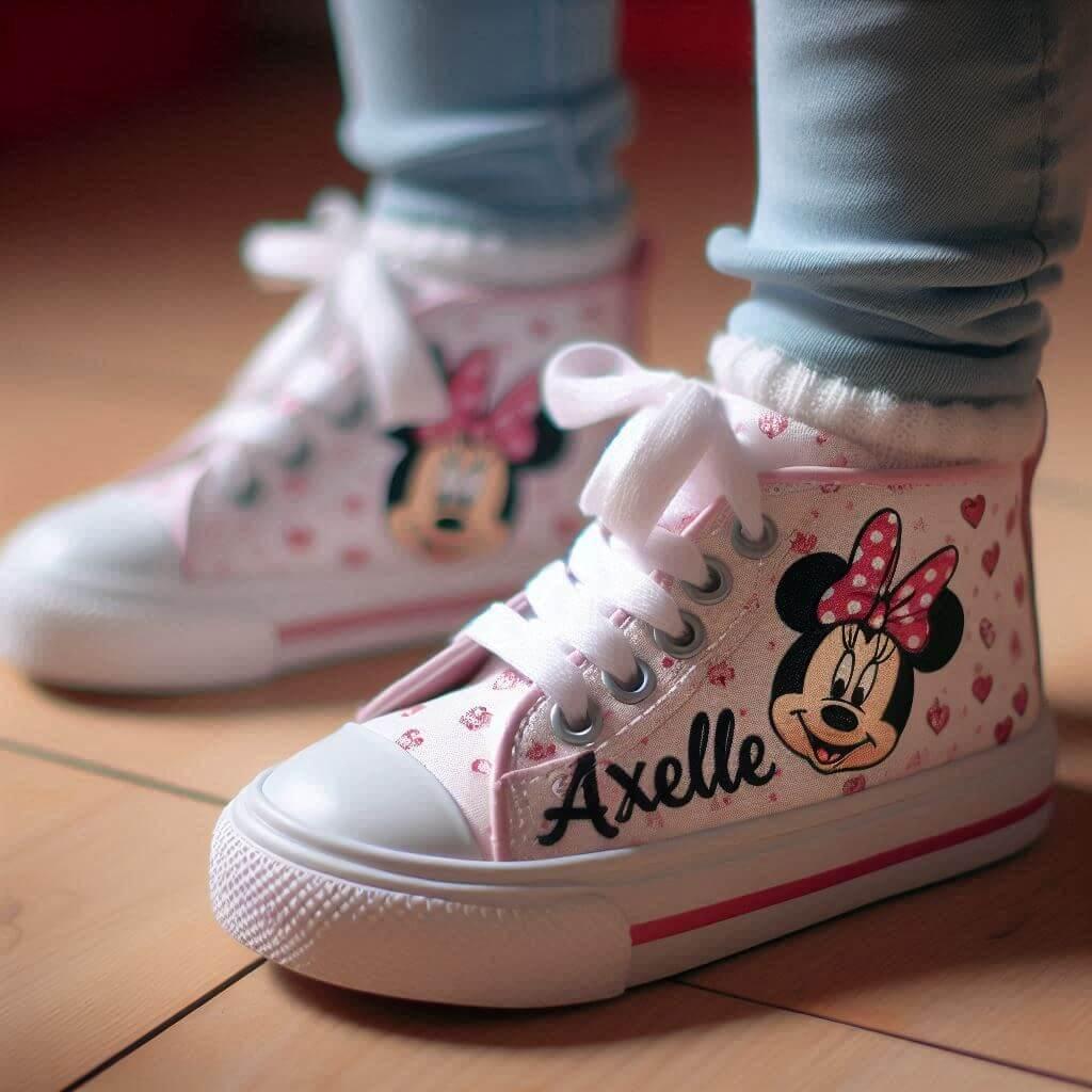 Une paire de basket avec le prenom axelle theme minnie