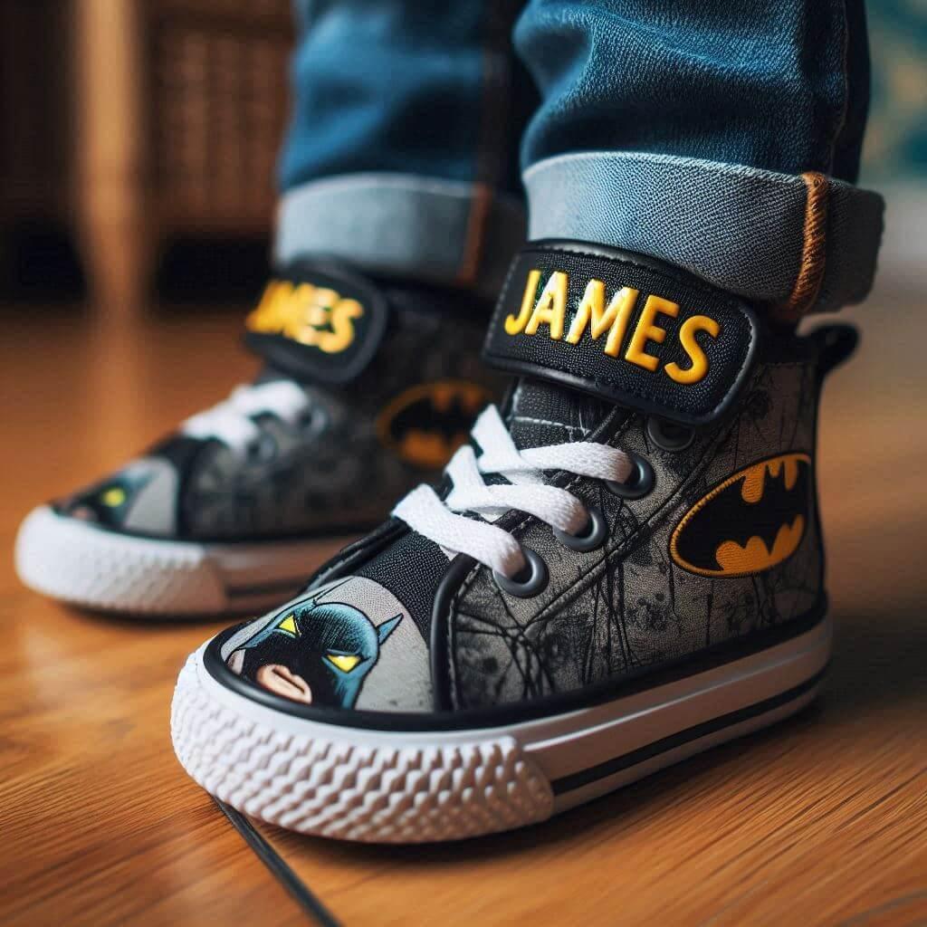 Une paire de basket avec le prenom james theme batman