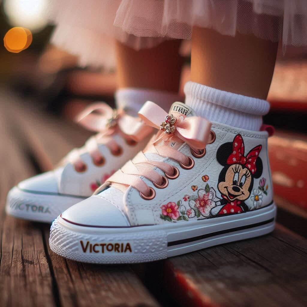 Le prenom victoria ecrit sur des baskets de petite fille theme minnie