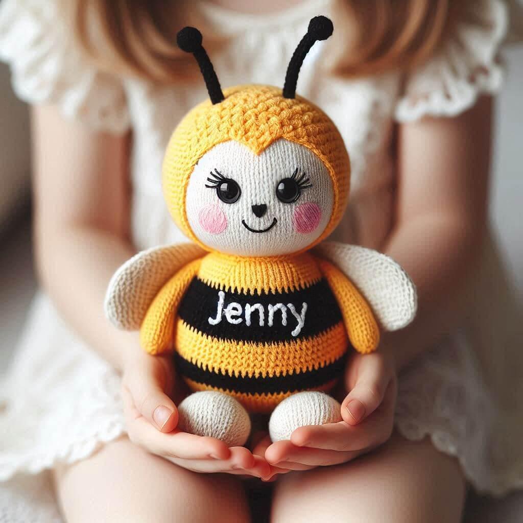 Une peluche abeille en tricotin avec le prenom jenny tenu dans les mains d une petite fille 1