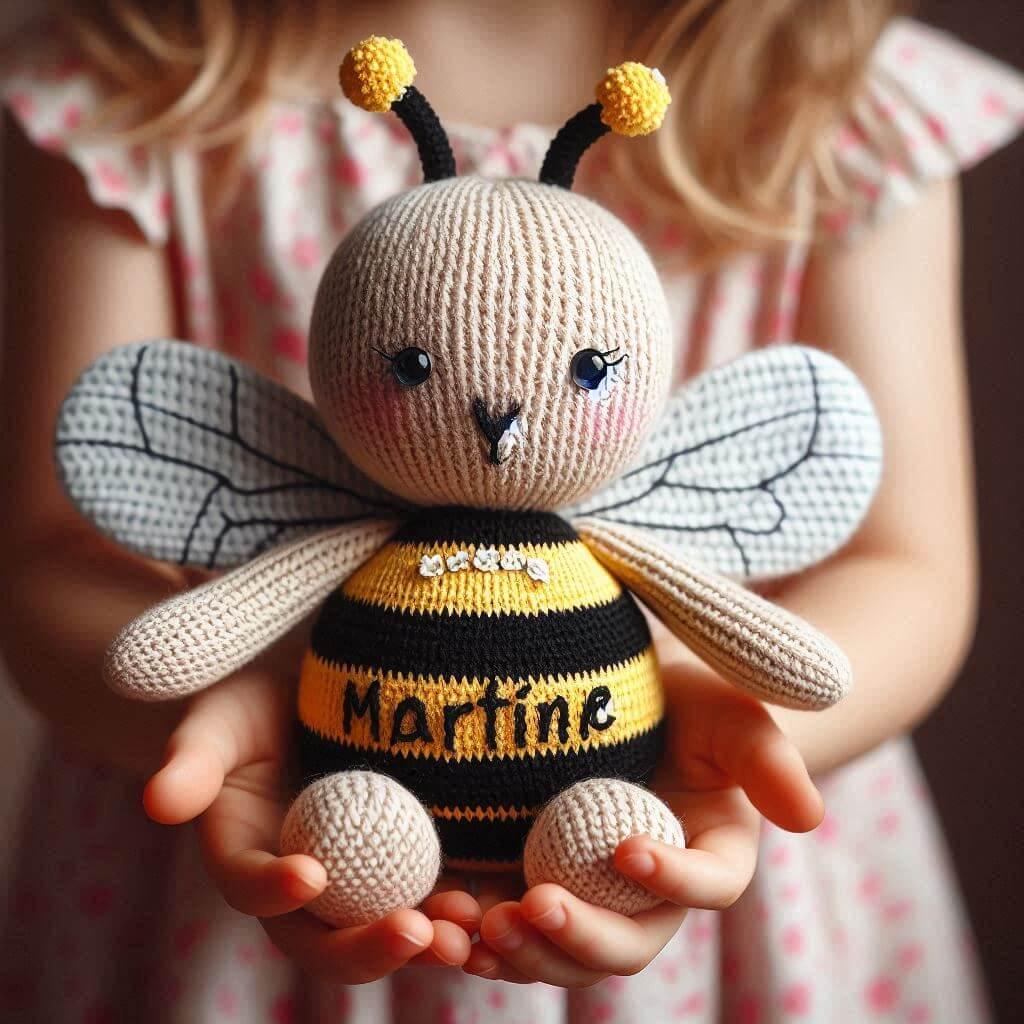 Une peluche abeille en tricotin avec le prenom martine