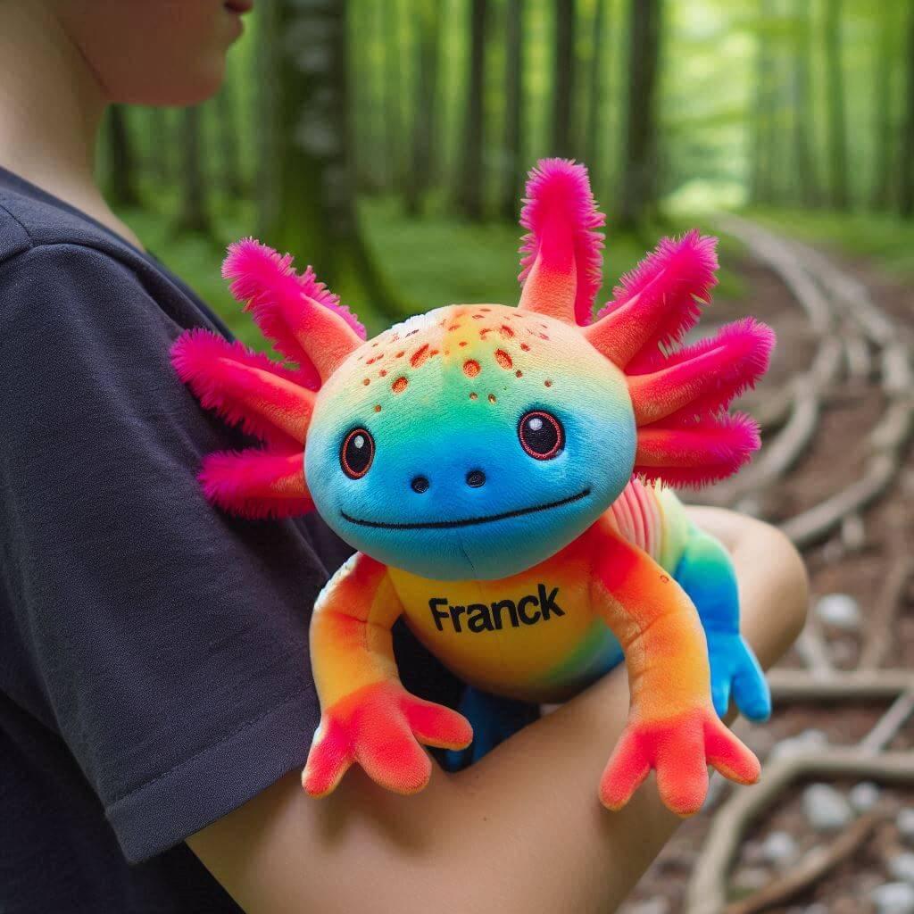 Une peluche axolotl avec le prenom franck couleurs vives dans le bras dun garcon dans la foret 1