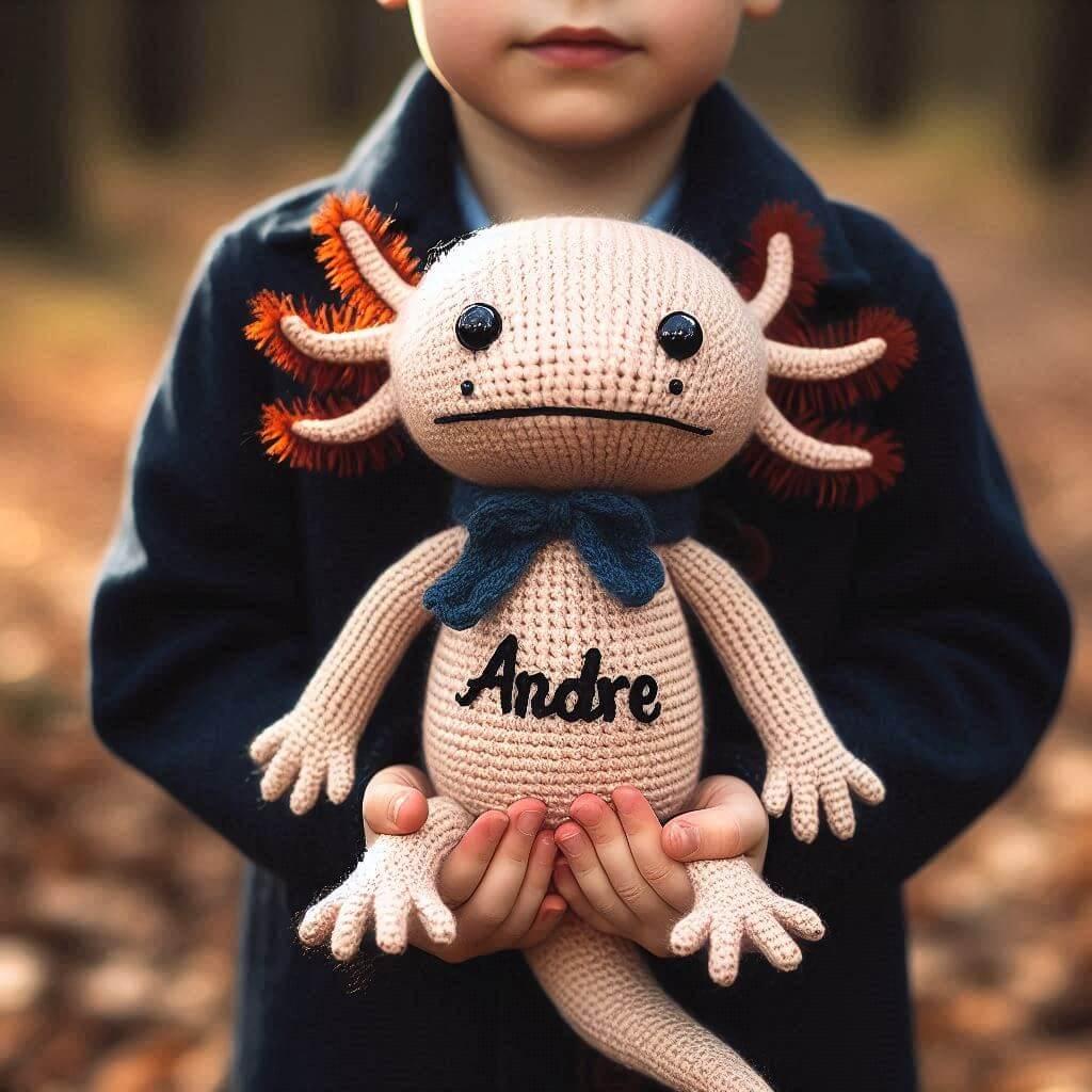 Une peluche axolotl en tricotin avec le prenom andre