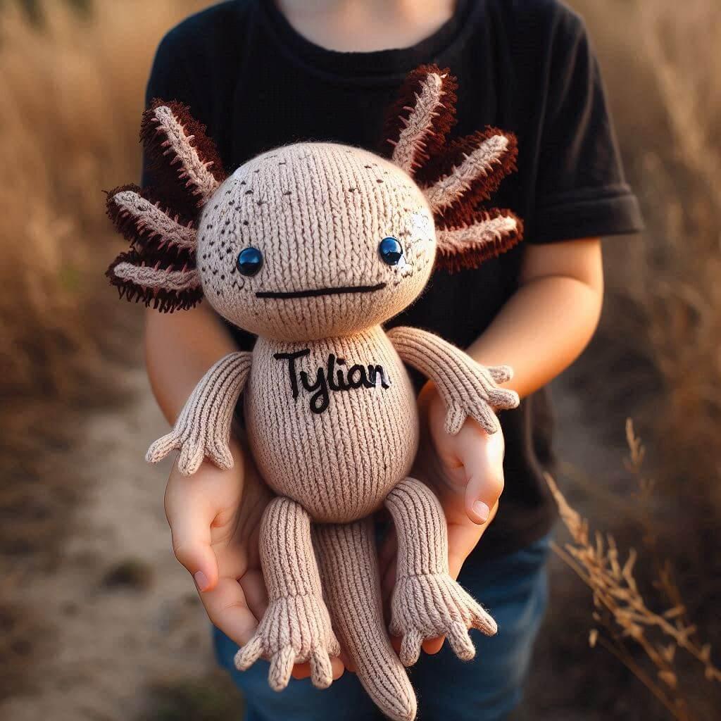 Une peluche axolotl en tricotin avec le prenom tylian