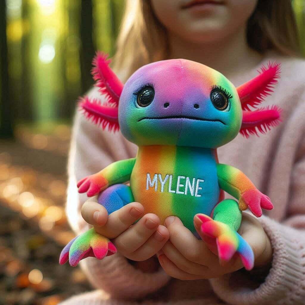 Une peluche axolotl multicolore avec le prenom mylene