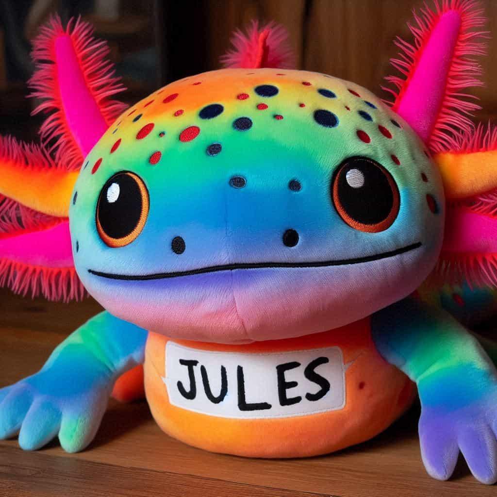 Une peluche axolotl multicolore personnalisee avec le prenom jules
