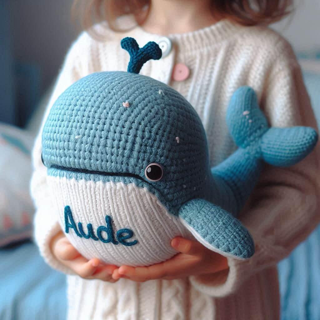 Une peluche baleine en tricotin avec le prenom aude