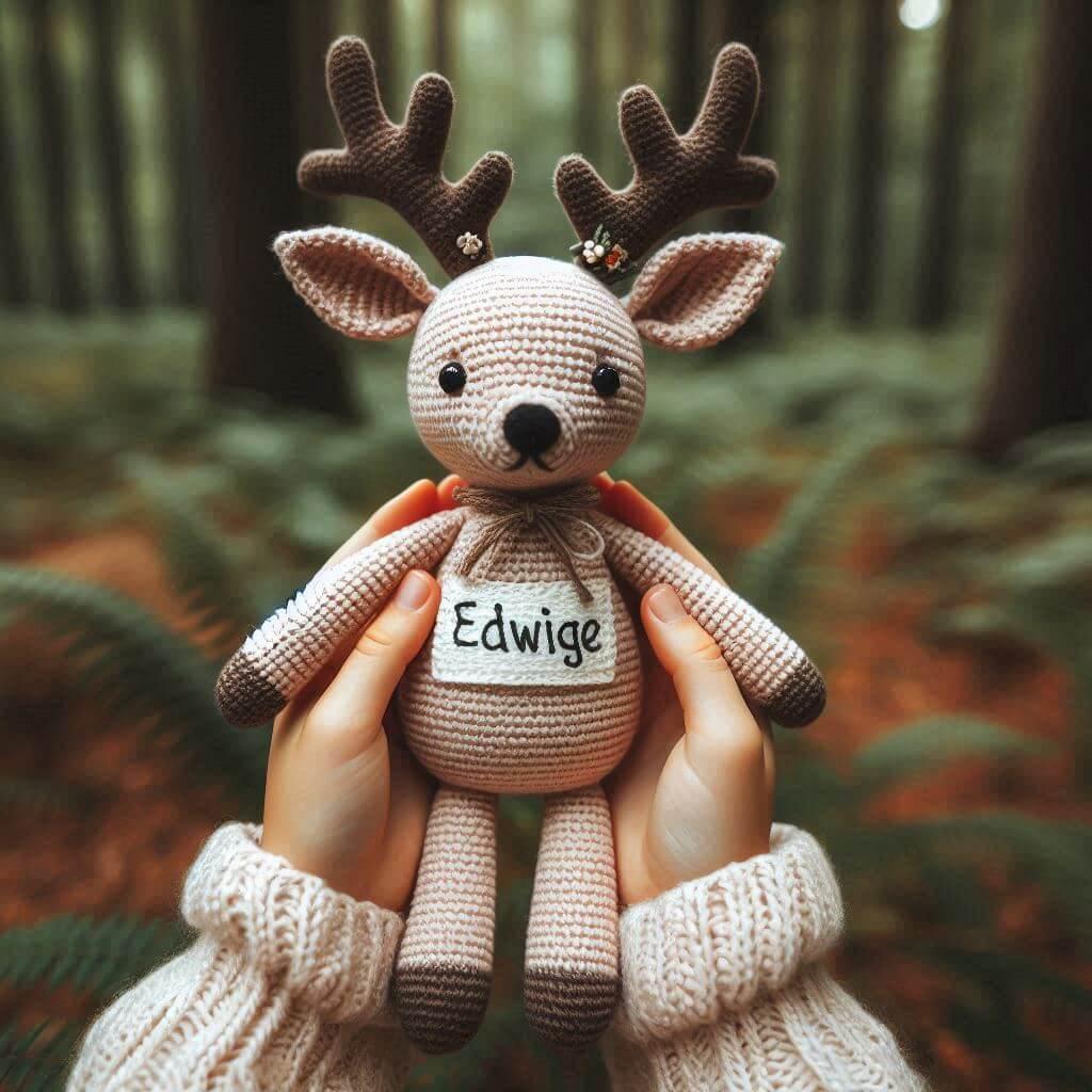 Une peluche cerf en tricotin avec le prenom edwige