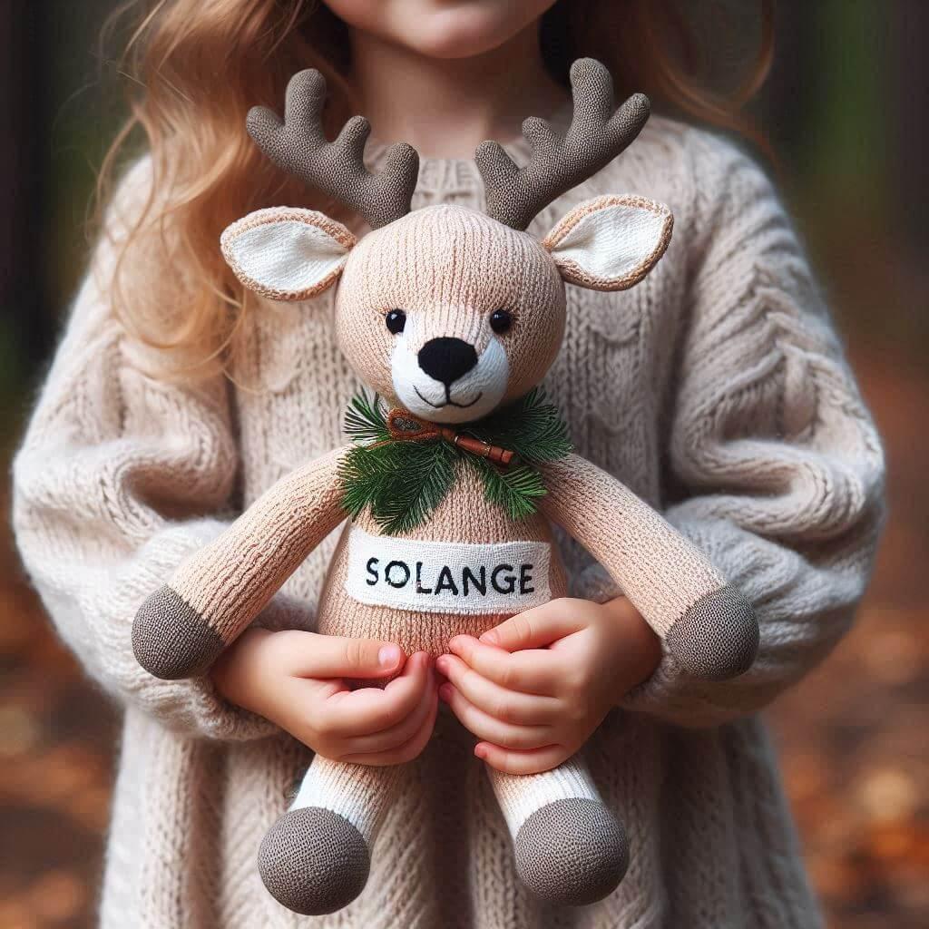 Une peluche cerf en tricotin avec le prenom solange