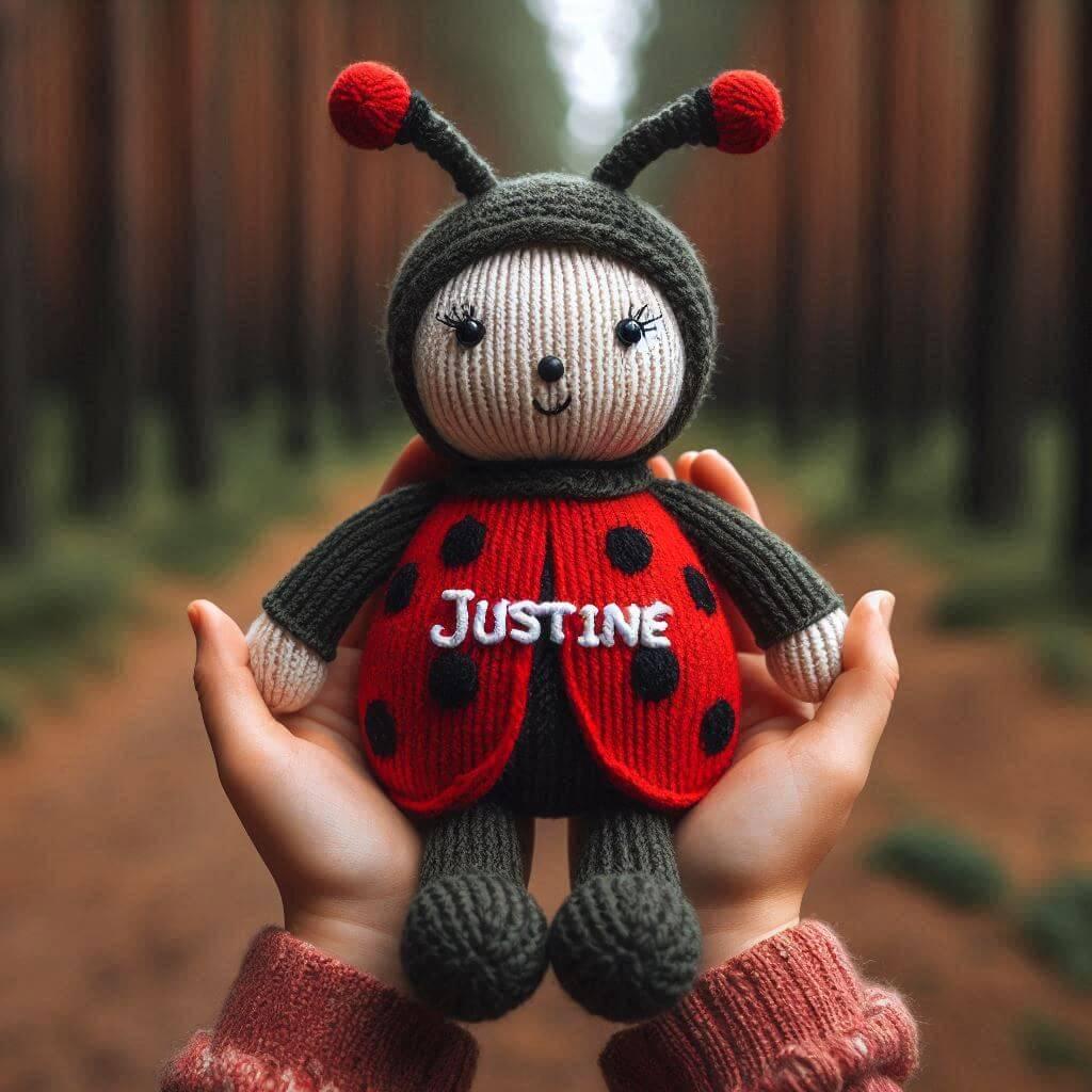 Une peluche coccinelle au crochet avec le prenom justine