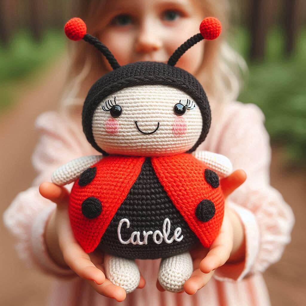 Une peluche coccinelle en tricotin avec le prenom carole