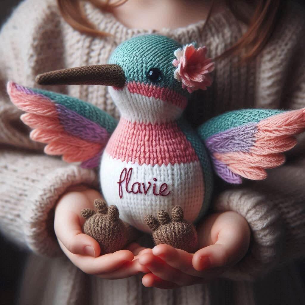 Une peluche colibri en tricotin avec le prenom flavie