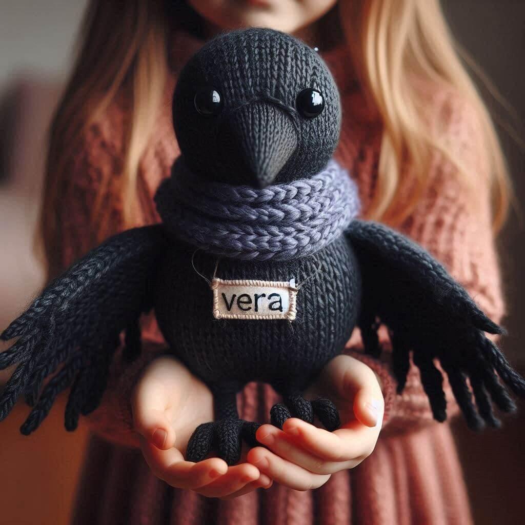 Une peluche corbeau en tricotin avec le prenom vera