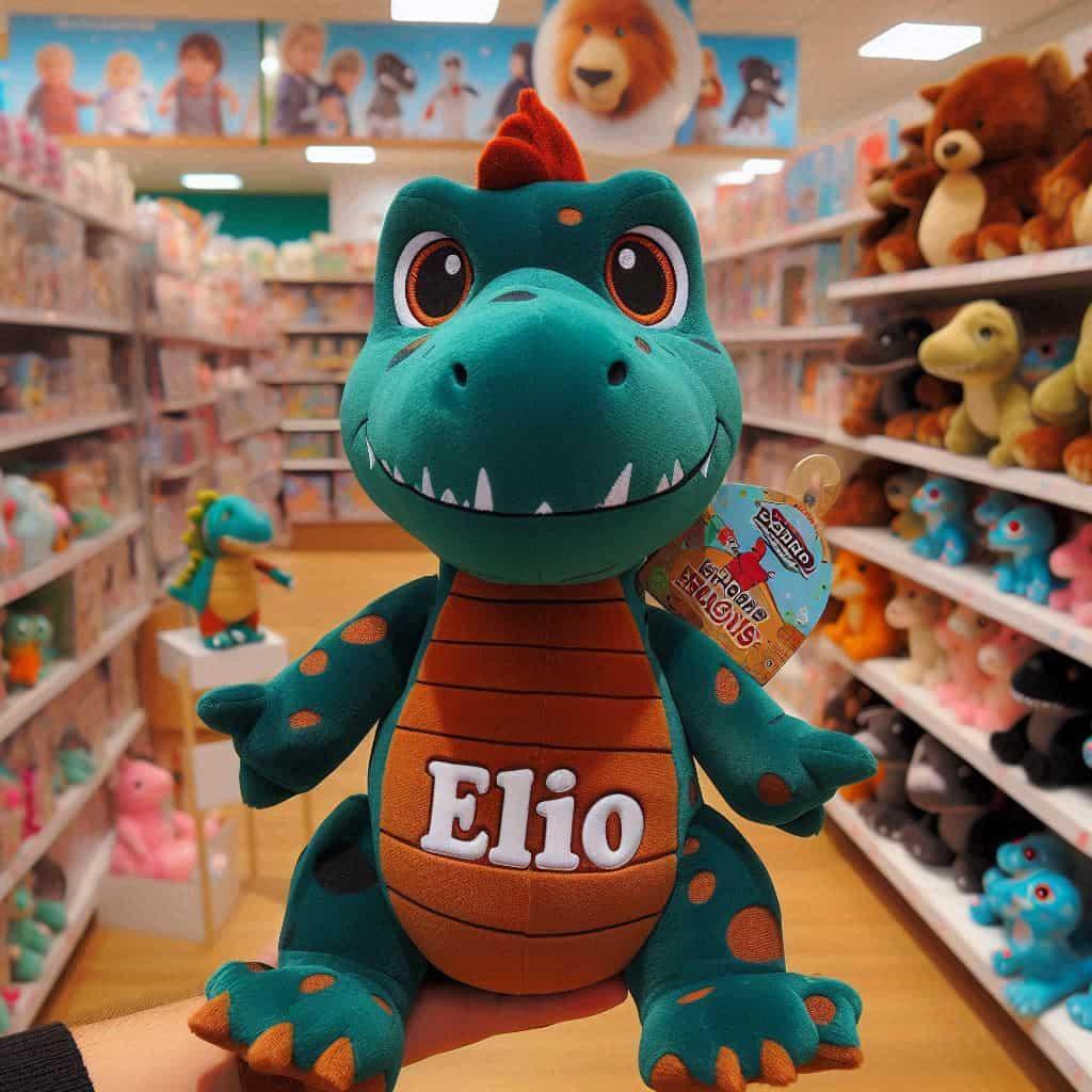 Une peluche dinosaure personnalise avec le prenom elio dans un magasin de jouets