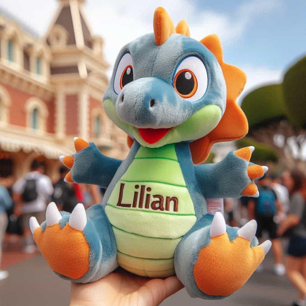Une peluche dinosaure personnalisee avec le prenom lilian a disneyland pour un petit garcon