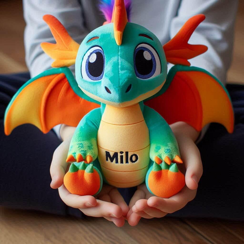 Une peluche dragon avec le prenom milo dans les mains dun enfant couleurs vives style disney 1 1