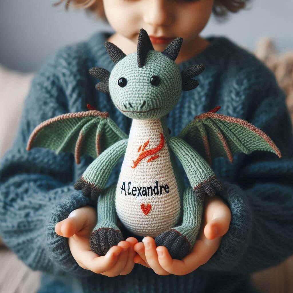 Une peluche dragon en tricotin avec le prenom alexandre